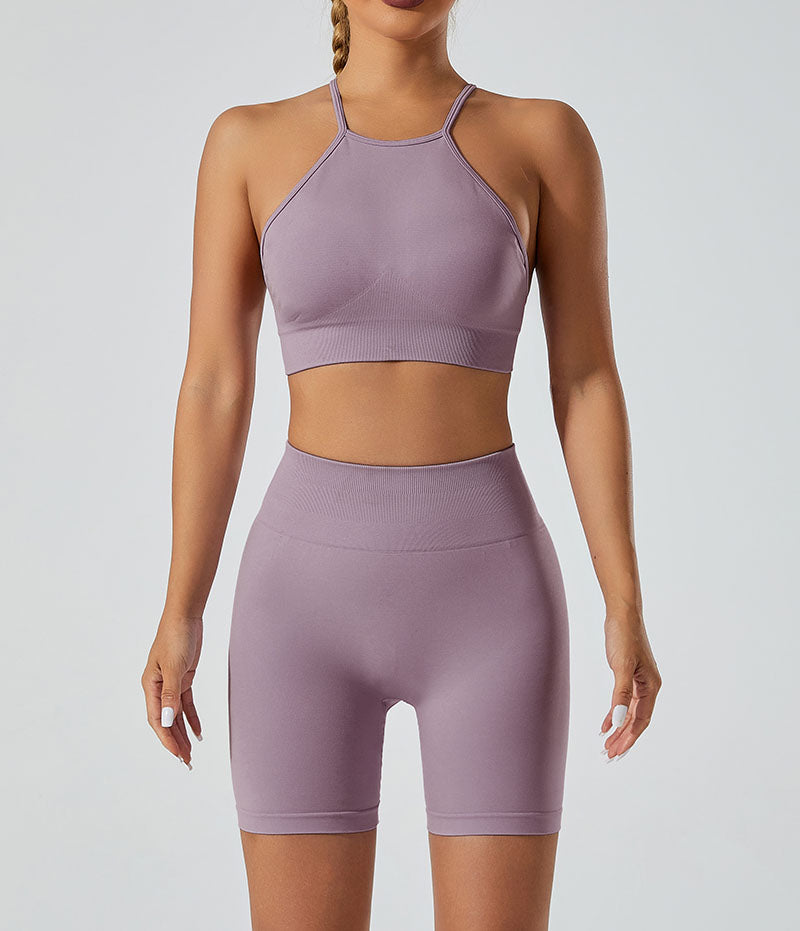 LILIEUX - Women's Seamless Running Workout 2-Piece Tracksuit Set: High Waist Yoga Shorts Leggings paired with Ring-Linked Racerback Sports Bra