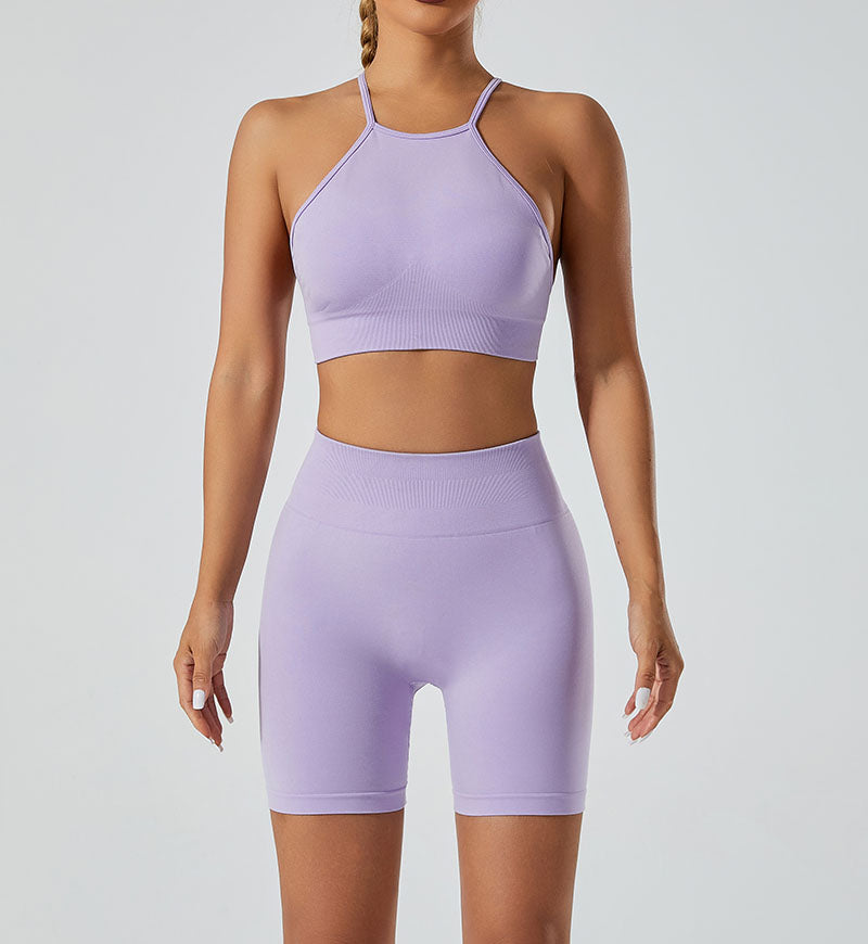 LILIEUX - Women's Seamless Running Workout 2-Piece Tracksuit Set: High Waist Yoga Shorts Leggings paired with Ring-Linked Racerback Sports Bra