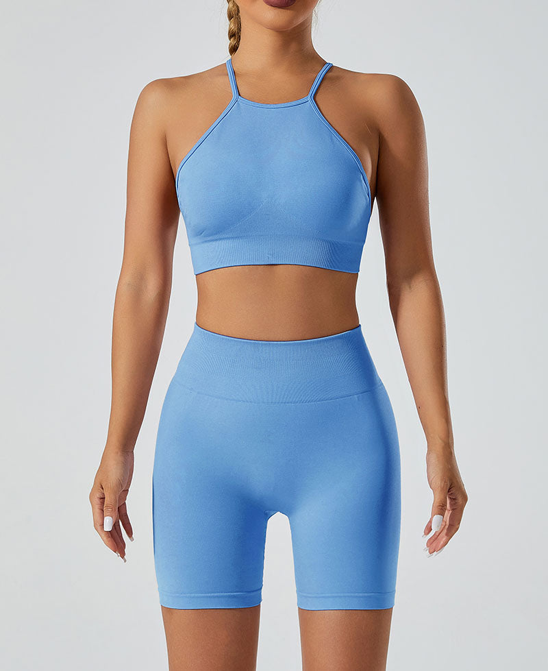 LILIEUX - Women's Seamless Running Workout 2-Piece Tracksuit Set: High Waist Yoga Shorts Leggings paired with Ring-Linked Racerback Sports Bra