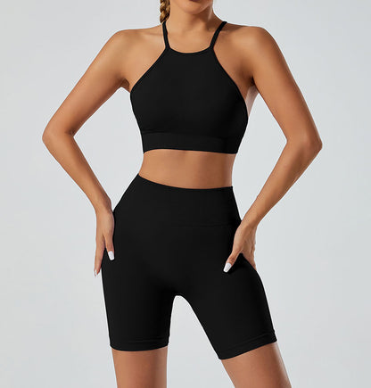 LILIEUX - Women's Seamless Running Workout 2-Piece Tracksuit Set: High Waist Yoga Shorts Leggings paired with Ring-Linked Racerback Sports Bra