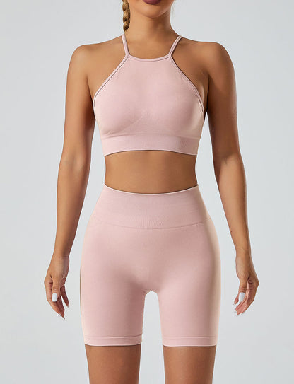 LILIEUX - Women's Seamless Running Workout 2-Piece Tracksuit Set: High Waist Yoga Shorts Leggings paired with Ring-Linked Racerback Sports Bra