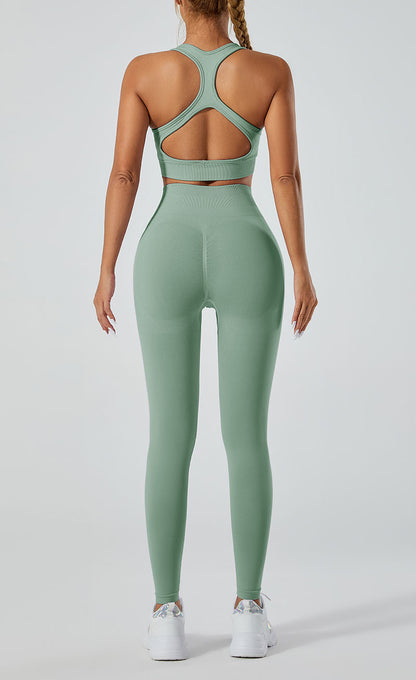 LILIEUX - Women's Seamless Running Workout Tracksuit Set: High Waist Long Yoga Leggings paired with Cut Out Define Luxe Sports Bra in Sage