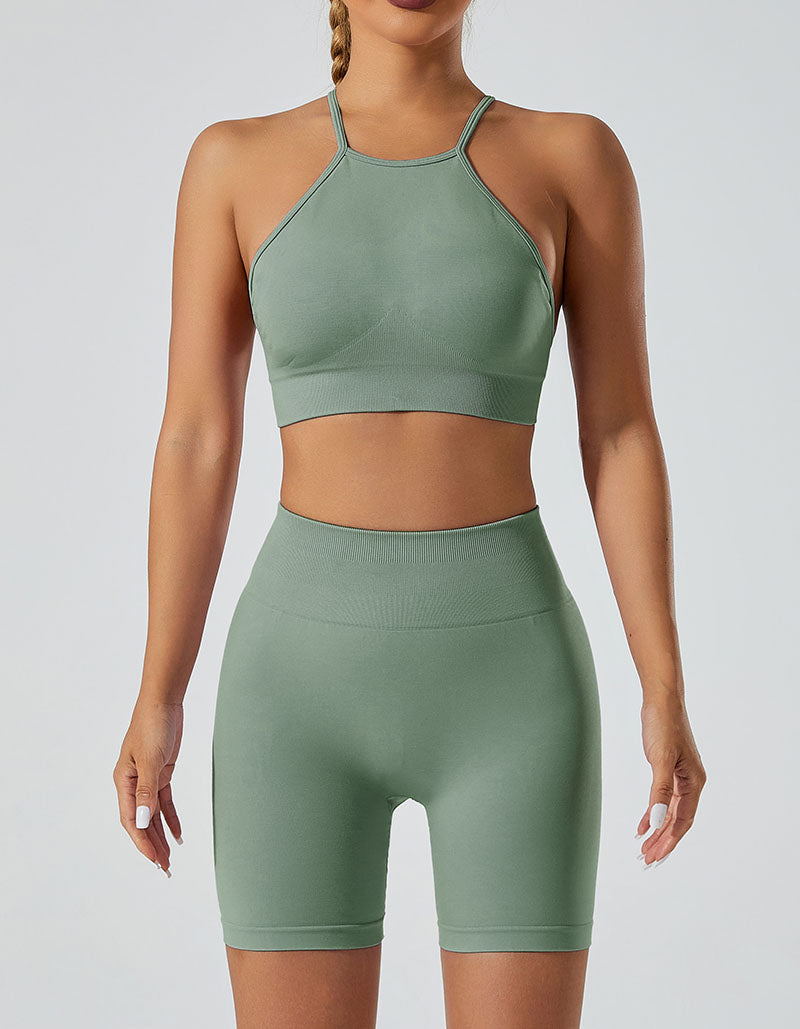 LILIEUX - Women's Seamless Running Workout 2-Piece Tracksuit Set: High Waist Yoga Shorts Leggings paired with Ring-Linked Racerback Sports Bra