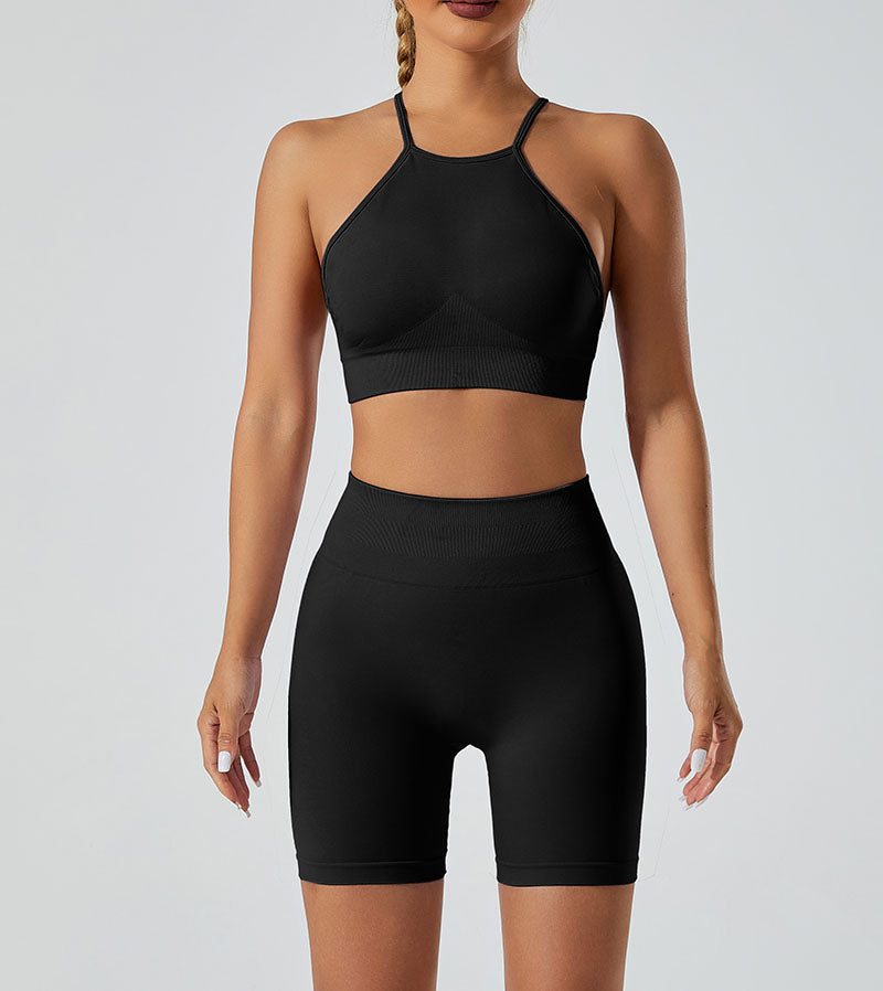 LILIEUX - Women's Seamless Running Workout 2-Piece Tracksuit Set: High Waist Yoga Shorts Leggings paired with Ring-Linked Racerback Sports Bra