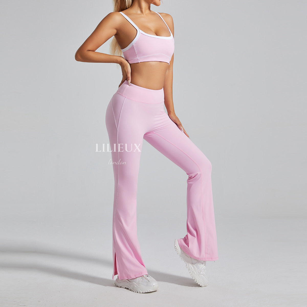 LILIEUX - Women's Trim Sports Bra and High-Waist Flared Pants Set - Comfortable Yoga and Workout Outfit for Gym, Running, Fitness, and Yoga