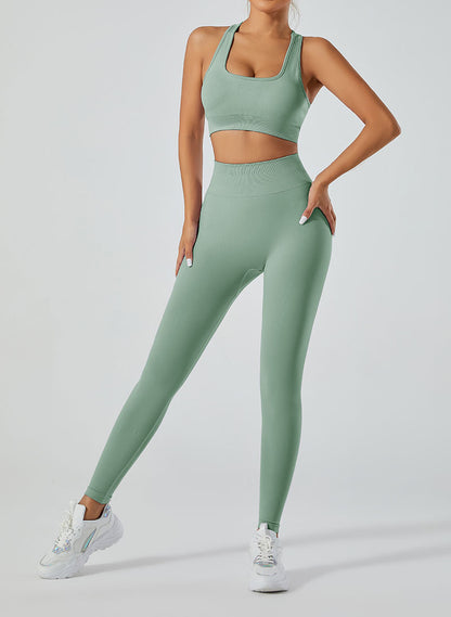 LILIEUX - Women's Seamless Running Workout Tracksuit Set: High Waist Long Yoga Leggings paired with Cut Out Define Luxe Sports Bra in Sage