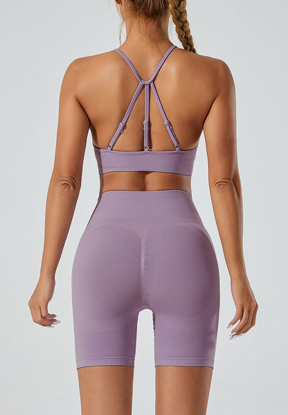 LILIEUX - Women's Seamless Running Workout 2-Piece Tracksuit Set: High Waist Yoga Shorts Leggings paired with Ring-Linked Racerback Sports Bra