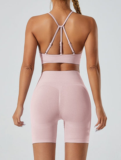 LILIEUX - Women's Seamless Running Workout 2-Piece Tracksuit Set: High Waist Yoga Shorts Leggings paired with Ring-Linked Racerback Sports Bra