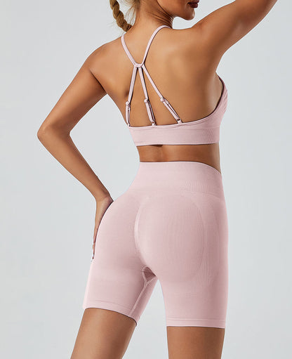 LILIEUX - Women's Seamless Running Workout 2-Piece Tracksuit Set: High Waist Yoga Shorts Leggings paired with Ring-Linked Racerback Sports Bra