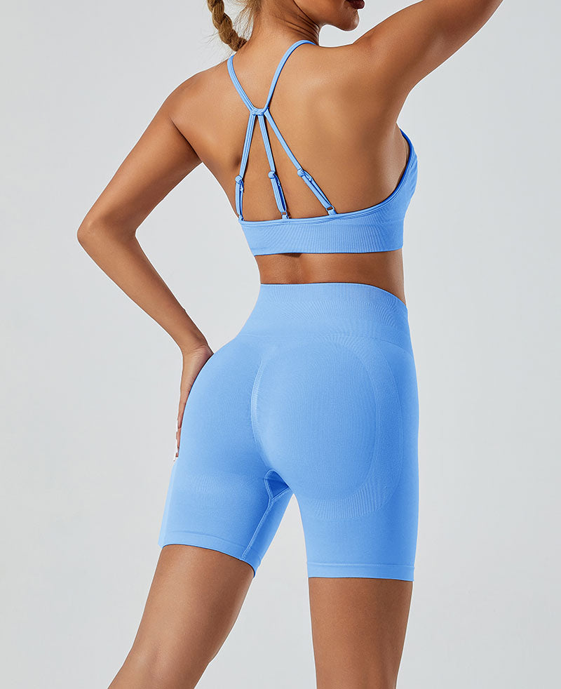 LILIEUX - Women's Seamless Running Workout 2-Piece Tracksuit Set: High Waist Yoga Shorts Leggings paired with Ring-Linked Racerback Sports Bra