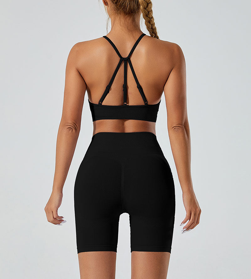 LILIEUX - Women's Seamless Running Workout 2-Piece Tracksuit Set: High Waist Yoga Shorts Leggings paired with Ring-Linked Racerback Sports Bra