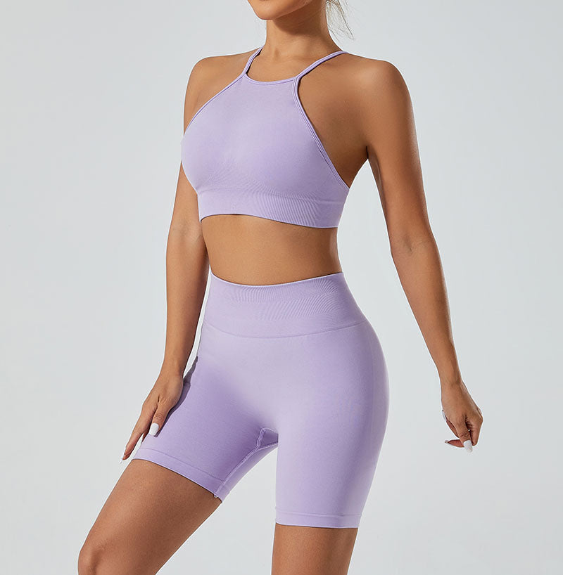 LILIEUX - Women's Seamless Running Workout 2-Piece Tracksuit Set: High Waist Yoga Shorts Leggings paired with Ring-Linked Racerback Sports Bra