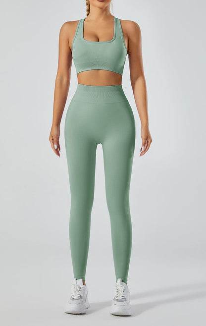 LILIEUX - Women's Seamless Running Workout Tracksuit Set: High Waist Long Yoga Leggings paired with Cut Out Define Luxe Sports Bra in Sage