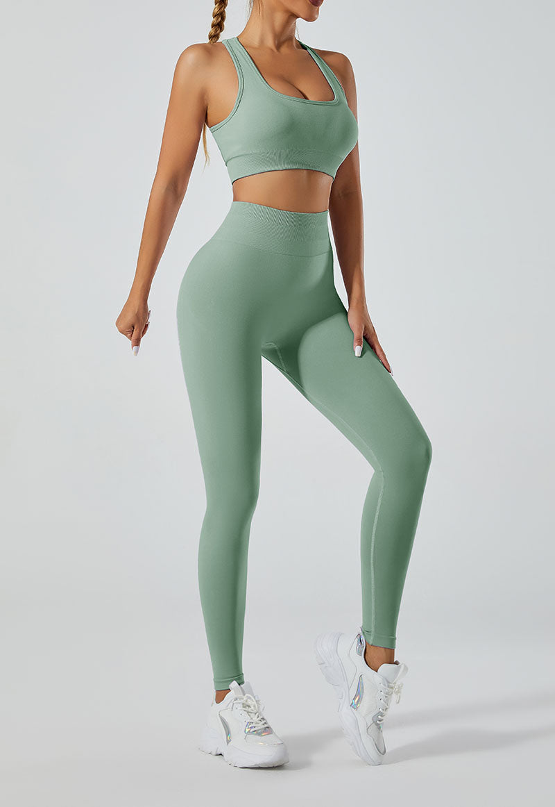 LILIEUX - Women's Seamless Running Workout Tracksuit Set: High Waist Long Yoga Leggings paired with Cut Out Define Luxe Sports Bra in Sage