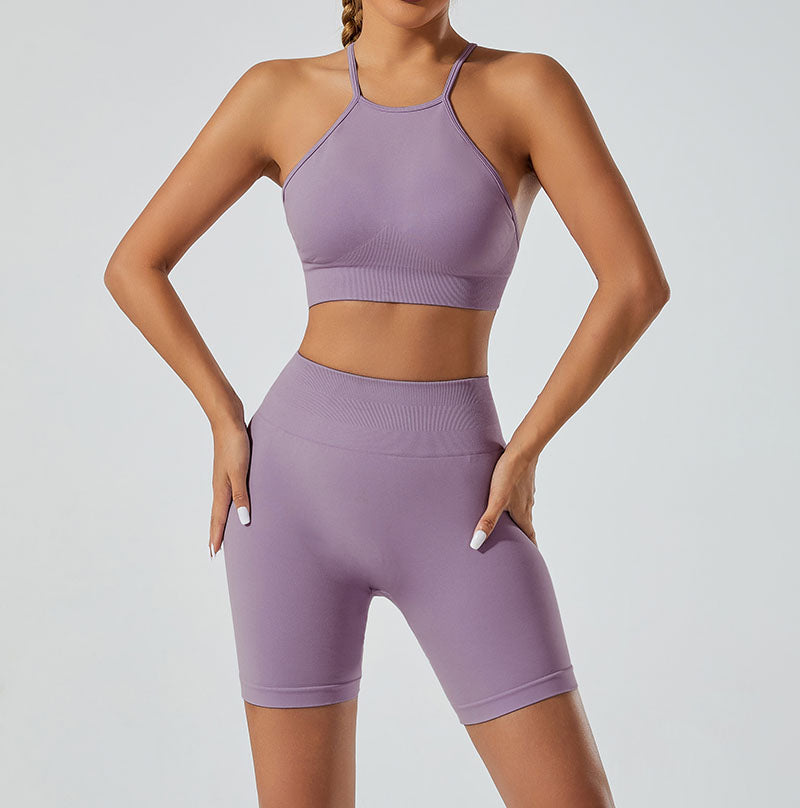 LILIEUX - Women's Seamless Running Workout 2-Piece Tracksuit Set: High Waist Yoga Shorts Leggings paired with Ring-Linked Racerback Sports Bra