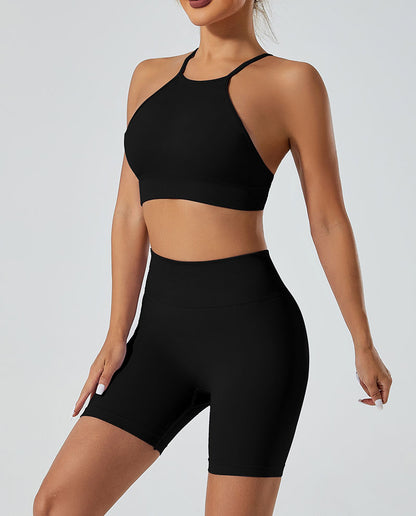 LILIEUX - Women's Seamless Running Workout 2-Piece Tracksuit Set: High Waist Yoga Shorts Leggings paired with Ring-Linked Racerback Sports Bra