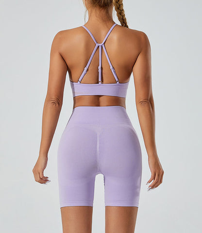 LILIEUX - Women's Seamless Running Workout 2-Piece Tracksuit Set: High Waist Yoga Shorts Leggings paired with Ring-Linked Racerback Sports Bra