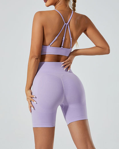 LILIEUX - Women's Seamless Running Workout 2-Piece Tracksuit Set: High Waist Yoga Shorts Leggings paired with Ring-Linked Racerback Sports Bra