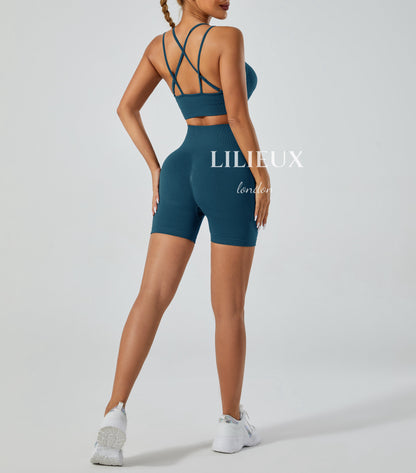 LILIEUX - 2 Piece Tracksuit Set Women's Seamless Running Workout Outfits Yoga High Waist Shorts Leggings with Sports Bra Set