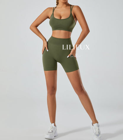 LILIEUX - 2 Piece Tracksuit Set Women's Seamless Running Workout Outfits Yoga High Waist Shorts Leggings with Sports Bra Set