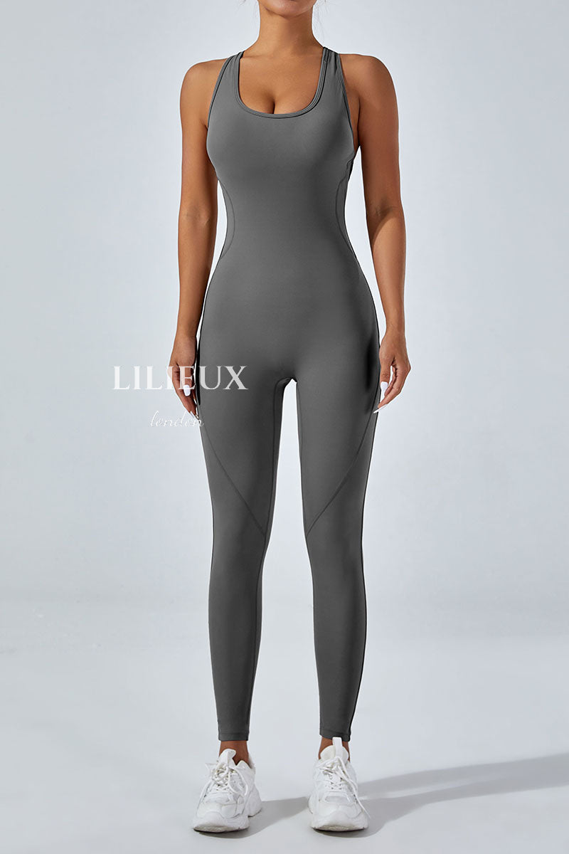 Stylish Open-Back Full-Length Sports Jumpsuit