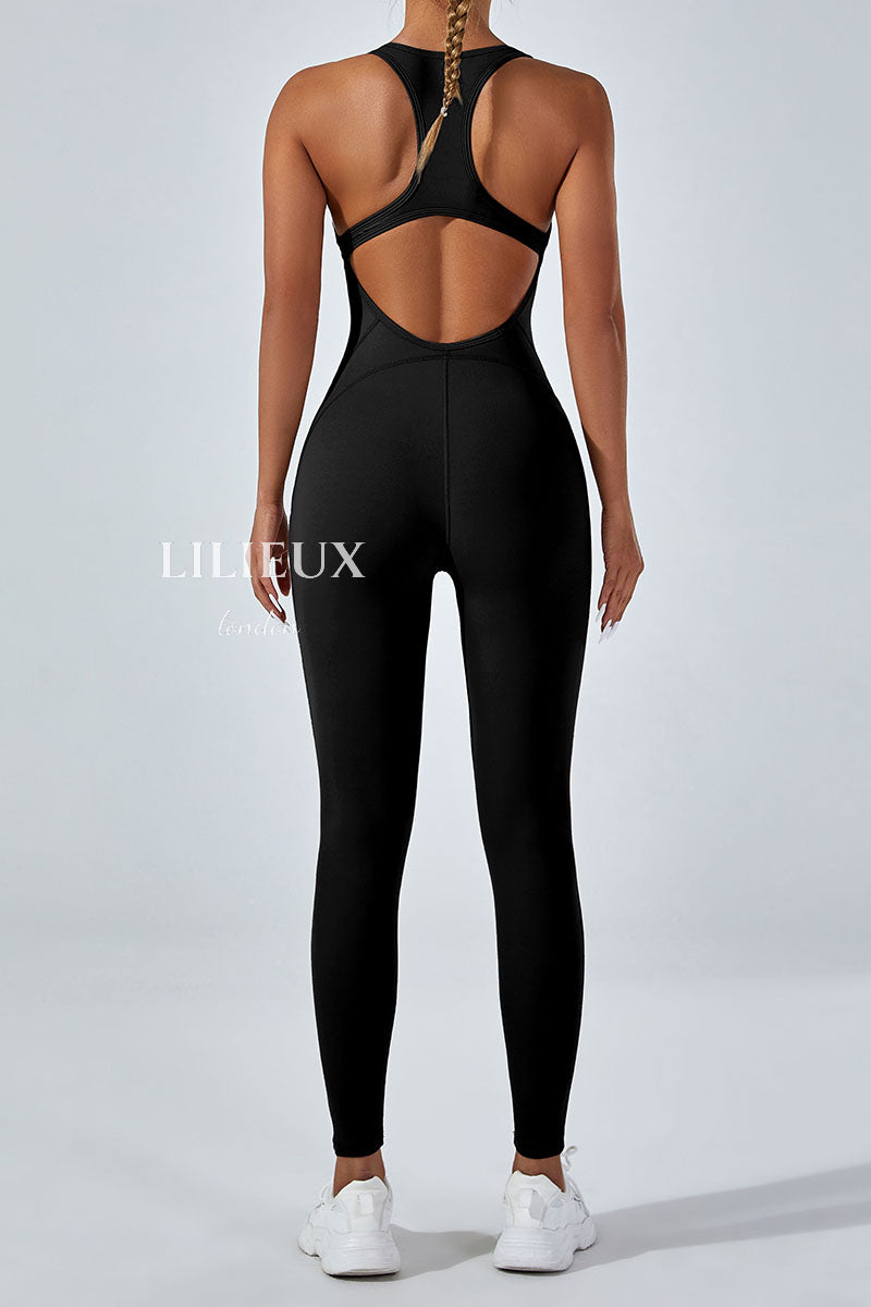 Stylish Open-Back Full-Length Sports Jumpsuit