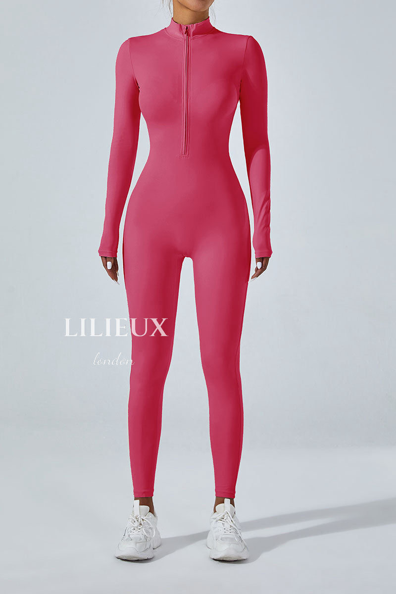 Stylish Long-Sleeve Full-Zip Sports Jumpsuit