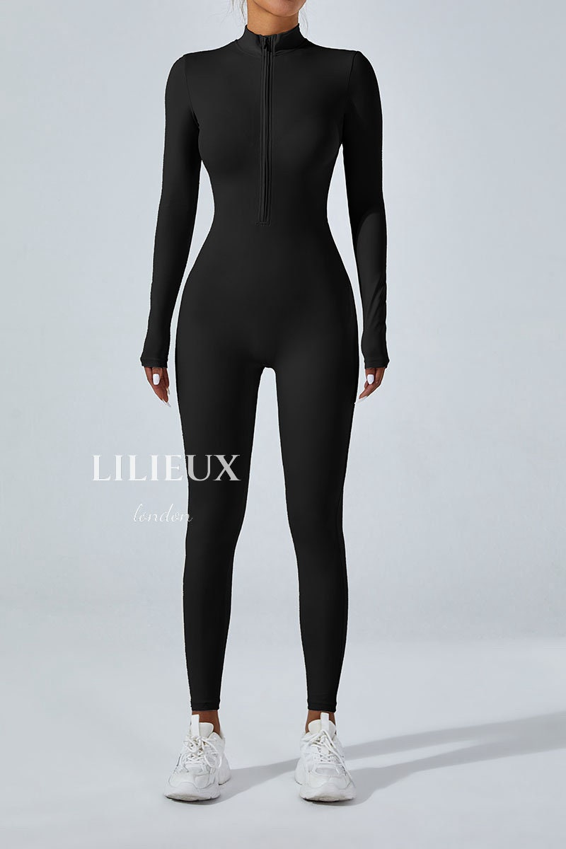 Seamless Zip Front Jumpsuit | Long Sleeve Yoga Bodysuit