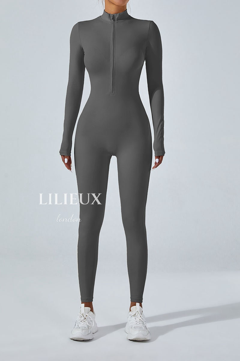 Seamless Zip Front Jumpsuit | Long Sleeve Yoga Bodysuit