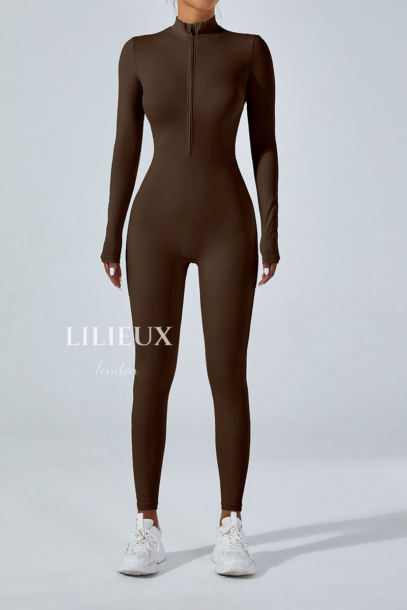 Seamless Zip Front Jumpsuit | Long Sleeve Yoga Bodysuit